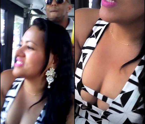 Flagra morena com decote peito quase rasgando a blusa no ônibus